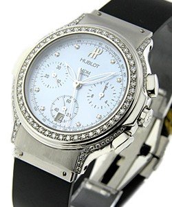 Elegant Chronograph in Steel with Diamond Bezel on Black Rubber Strap with Blue Mother of Pearl Diamond Dial