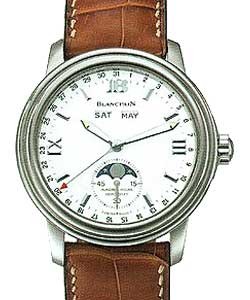 Leman Moonphase Complete Calendar in Steel  on Brown Crocodile Leather Strap with White Dial