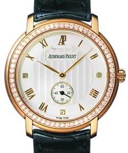 Jules Audemars in Rose Gold with Diamond Bezel on Black Leather Strap with White Dial