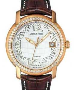 Jules Audemars The Globe in Rose Gold with Diamond Bezel on Brown Leather Strap with White Dial