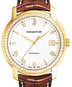 Jules Audemars selfwinding in Rose Gold with Diamond Bezel On Brown Leather Strap with White Dial 