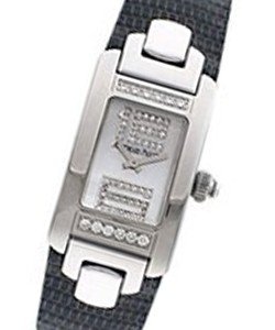  Promesse in White Gold with Diamond Case on Black Leather Strap with Mother of Pearl Diamond Dial 