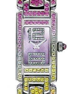 Promesse Mini with Multicolored Sapphires White Gold on Bracelet with Pink MOP Diamond Dial 