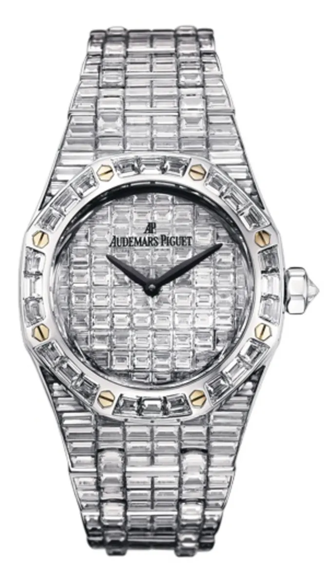 Lady's White Gold Royal Oak in White Gold with Full Baguette Diamonds White Gold on Bracelet with Pave Diamond Dial