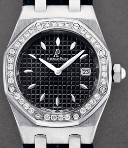 Royal Oak Ladies Gem-set in Steel with Diamond Bezel on Black Crocodile Leather Strap with Black Dial