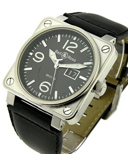 BR01-96 Big Date in Steel on Black Leather Strap with Black Dial