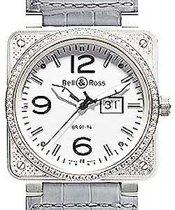 BR01-96 Big Date in Steel on Diamond Bezel on Grey Leather Strap with White Dial