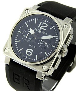 BR03-94 Chronograph in Steel on Black Rubber Strap with Black Dial