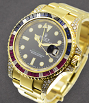 GMT Master II in Yellow Gold with Ruby, Sapphires,  Diamond Bezel and Diamond Lugs on Yellow Gold Oyster Bracelet with Black Dial