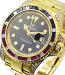 GMT Master II in Yellow Gold with Ruby, Sapphires,  Diamond Bezel and Diamond Lugs on Yellow Gold Oyster Bracelet with Black Dial