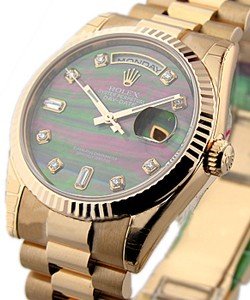 President 36mm Day-Date in Rose Gold with Fluted Bezel on President Bracelet with Black MOP Diamond Dial