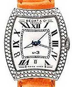 No. 3 in Steel with 2 Row Diamond Bezel on Orange Leather Strap with White Dial