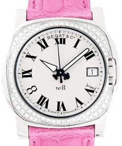No.8 in Steel with 2 Row Diamond Case on Pink Leather Strap with White Dial