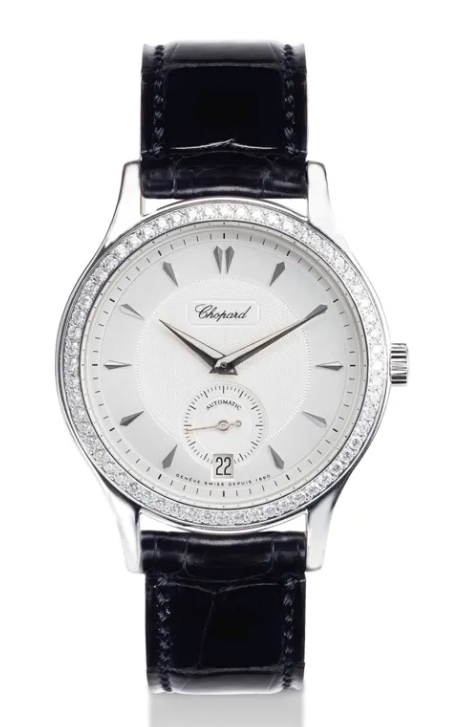 L.U.C. 1860 in White Gold with Diamond Bezel on Black Crocodile Leather Strap with Silver Dial