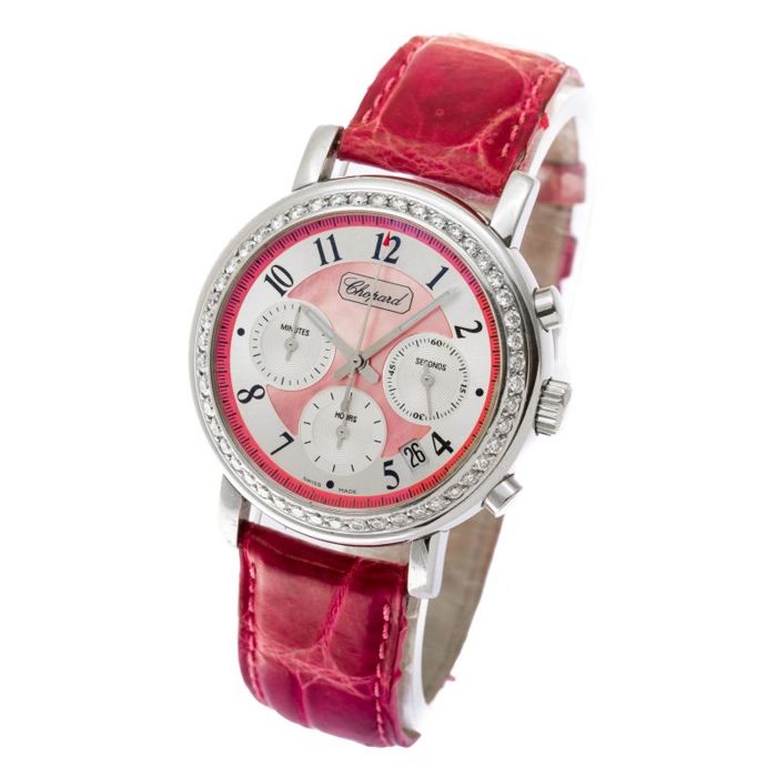 Elton John Chronograph with Diamond Bezel White Gold on Pink Strap with Pink Dial