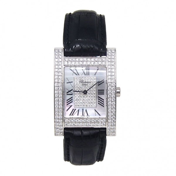 Your Hour H Watch in White Gold with Diamonds Bezel on Black Crocodile Leather Strap with White Mother of Pearl Dial 17 3451