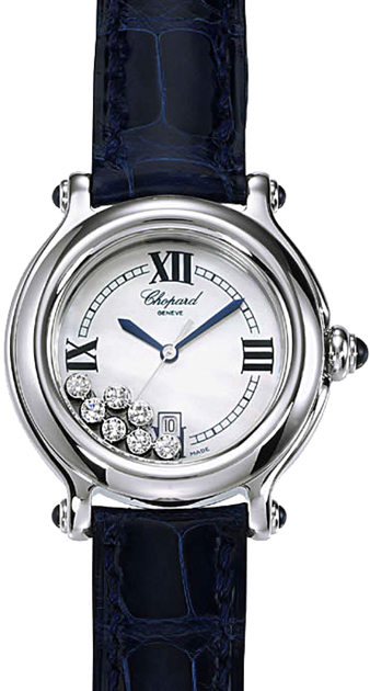 Happy Sport Round in Steel on Blue Crocodile Leather Strap with White Diamond Dial