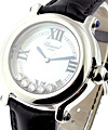 Happy Sport Round in Steel  On Black Leather Strap with Mother of Pearl Dial - 5 Floating Diamonds 
