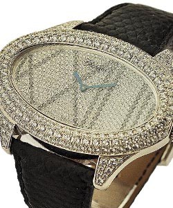 Montres Dame Cat Eye with Pave Diamond Case White Gold on Black Strap