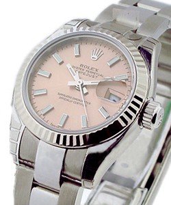 Datejust Ladies 26mm in Steel with White Gold Bezel on Steel Oyster Bracelet with Pink Stick Dial
