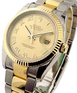 Datejust 36mm in Steel with Yellow Gold Fluted Bezel on Steel and Yellow Gold Oyster Bracelet with  Champagne Roman Dial