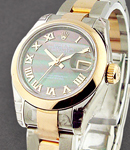 Ladies 26mm Datejust in Steel with Rose Gold Smooth Bezel on Steel and Rose Gold Oyster Bracelet with Black MOP Roman Dial