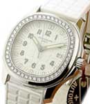 Ladys Aquanaut Luce in Steel with Diamond Bezel on White Rubber Strap with Flat White Dial