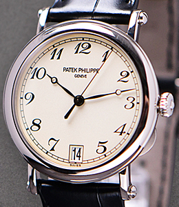 5053G Calatrava Officer in White Gold on Strap with Off-White Dial