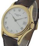 5117 Calatrava with Hobnail in Yellow Gold On Brown Crocodile Leather Strap with White Roman Dial