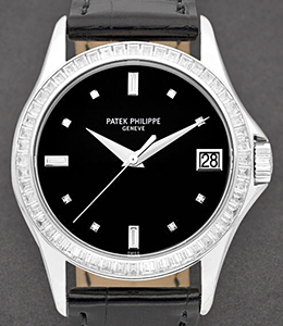 5118P Calatrava 37mm in Platinium with Baguette Diamond Bezel on Black Crocodile Leather Strap with Black DIal