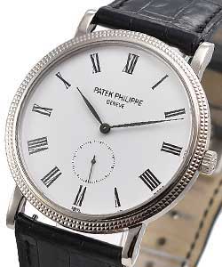 Calatrava 5119G in White Gold with Hobnail Case on Black Alligator Leather Strap with White Dial