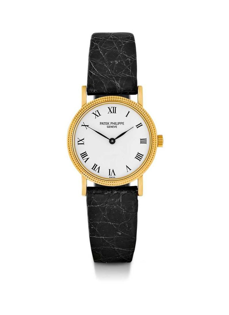 4809J - Lady's Calatrava in Yellow Gold on Black Crocodile Leather Strap White Dial