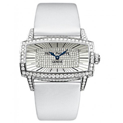 Lady's Gondolo 37.2mm Quartz in White Gold with Diamond Bezel on White Fabric Strap with MOP Diamond Paved Dial