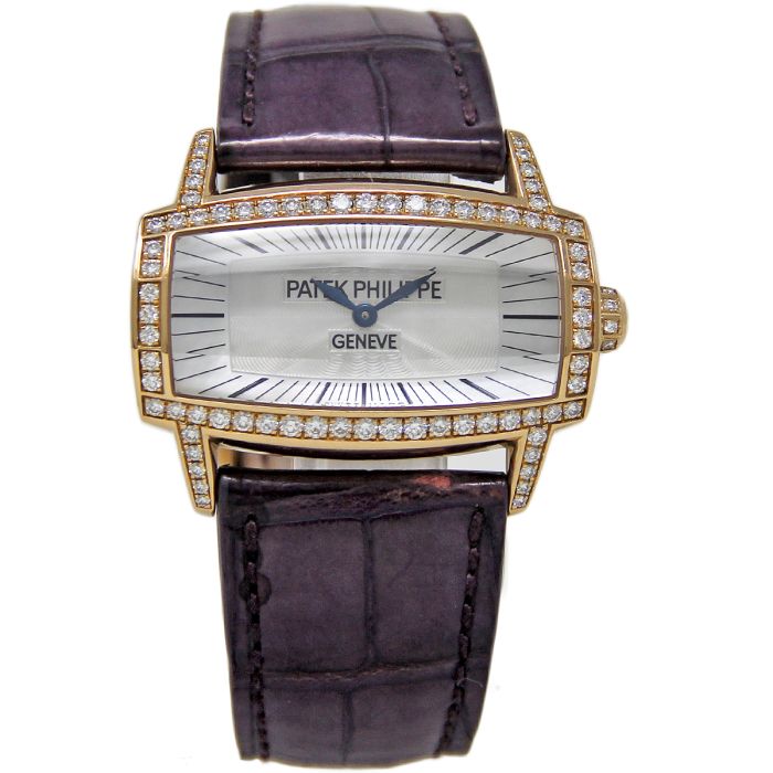 Lady's Gondolo 37.2mm in Rose Gold with Factory Diamond Bezel on Dark Purple Crocodile Leather Strap with White MOP Dial