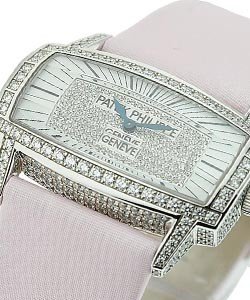 Lady's Gondolo 37.2mm in White Gold with Factory Diamond Bezel on  Pink Fabric Strap with Diamond Paved Dial