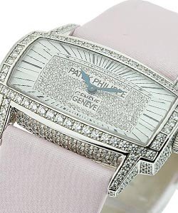 Lady's Gondolo 37.2mm in White Gold with Factory Diamond Bezel on  Pink Fabric Strap with Diamond Paved Dial