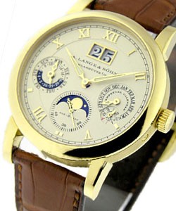 Langematik Perpetual Mens Automatic in Yellow Gold On Brown Crocodile Strap with Champagne Dial
