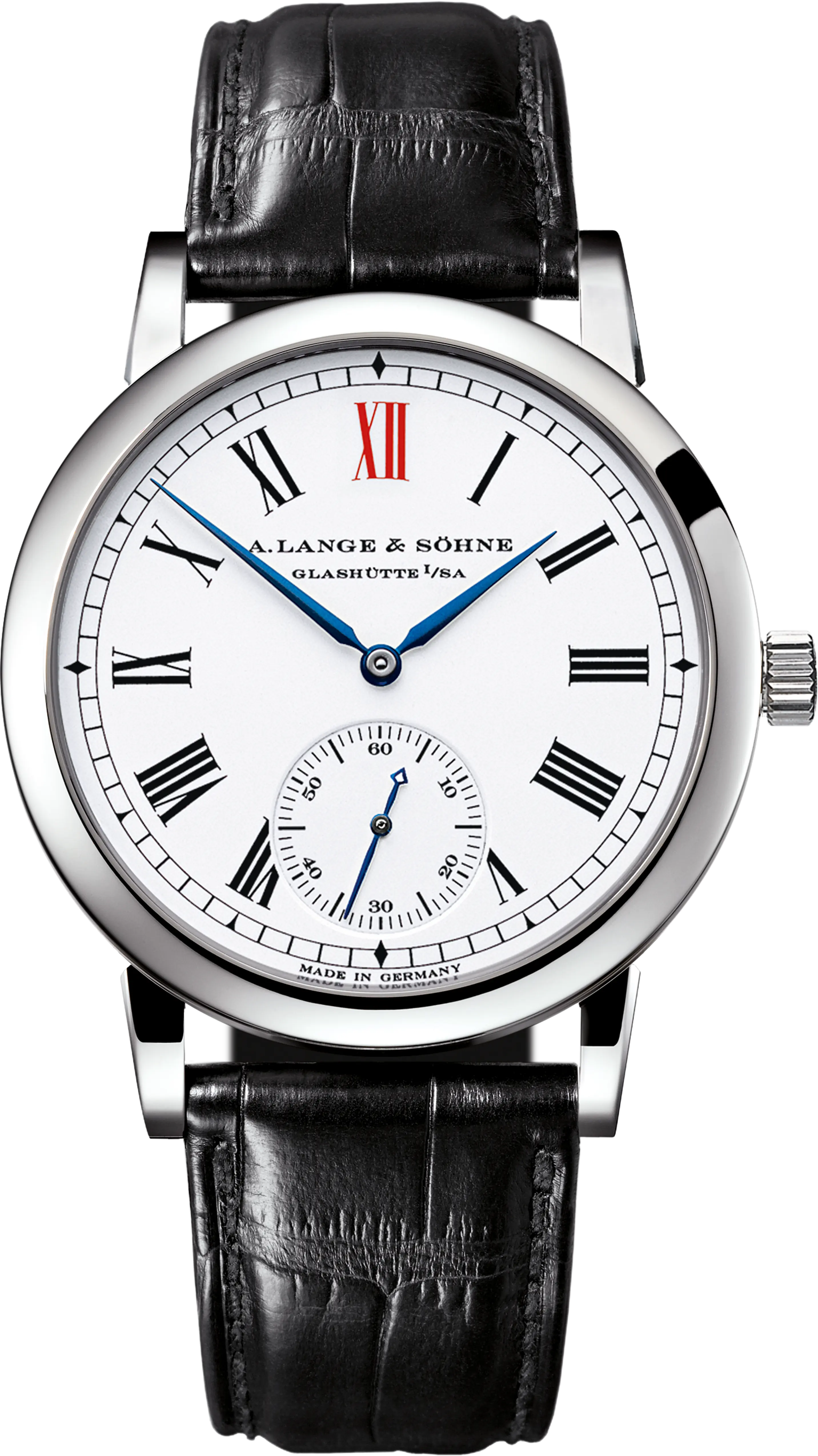 Anniversary Langematik Mens Automatic in Platinum On Black Crocodile Strap with Genuine Enamel Dial