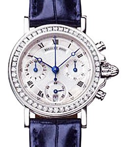 Marine Chronograph in White Gold with Diamond Bezel on Blue Alligator Leather Strap Silver Dial