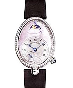 Reine de Naples Moon Phase in White Gold with Diamond Bezel on Black Satin Strap with Pink MOP Dial