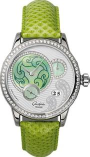 New Collection Primavera 39.4mm Automatic in White Gold with Diamonds Bezel on Green Leather Strap with Silver Guilloche Diamond Dial