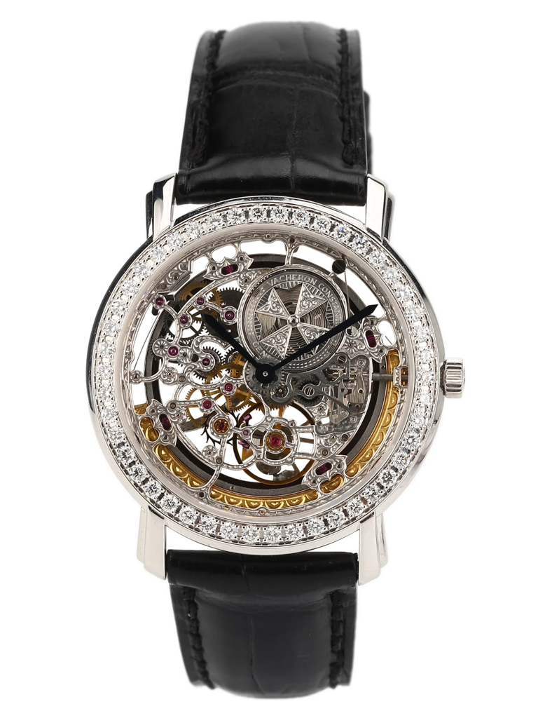 Malte Openworked 35.5mm in White Gold with Diamond Bezel on Black Crocodile Leather Strap with Skeleton Dial