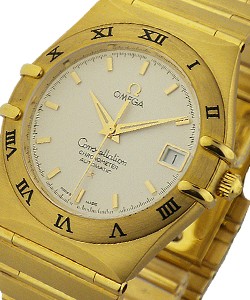 Constellation Classic 35.5mm Automatic in Yellow Gold with Engraved Roman Numeral Bezel on Yellow Gold Bracelet with Silver Dial