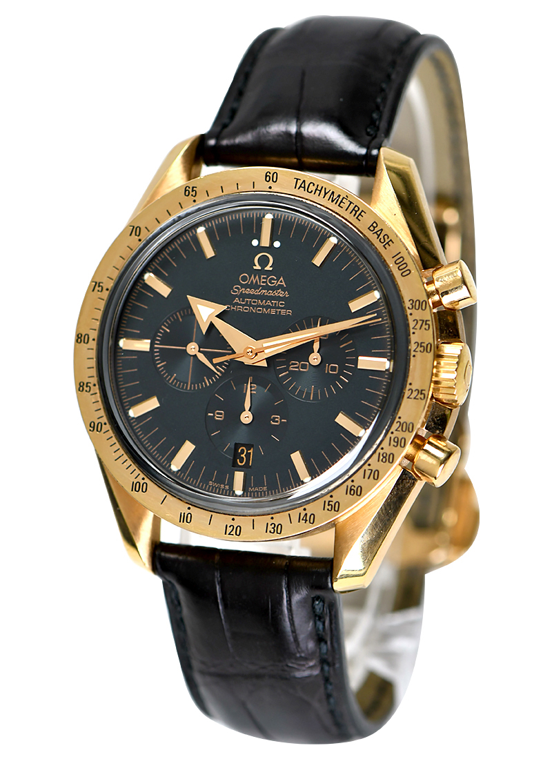 Speedmaster Broad Arrow Chronograph in Yellow Gold on Black Crocodile Leather with Black Dial