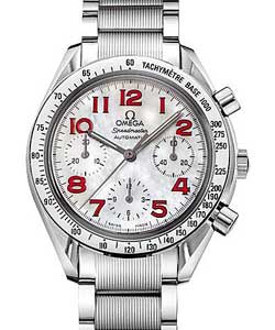 Speedmaster Reduced Chronograph 35.5mm Automatic in Steel with Tachymeter Bezel on Steel Bracelet with White MOP Red Arabic Dial