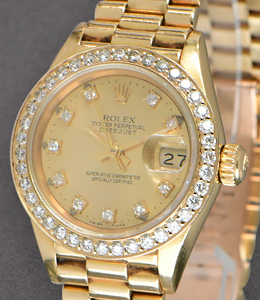 Ladies President in Yellow Gold with Custom Diamond Bezel on President Bracelet with Champagne Diamond Dial