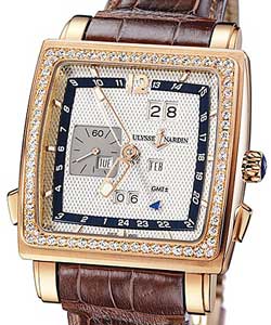 Quadrato Dual Time Perpetual in Rose Gold with Diamond Bezel on Brown Crocodile Leather Strap with Silver Dial