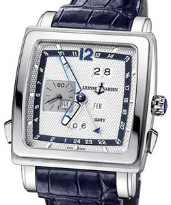 Quadrato Dual Time Perpetual in White Gold on Blue Crocodile Leather Strap with Silver Dial