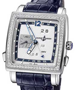 Quadrato Dual Time Perpetual in White Gold with Diamond Bezel on Blue Crocodile Leather Strap with Silver Dial