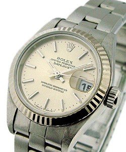 Lady's Datejust in Steel with White Gold Fluted Bezel on Steel Oyster Bracelet with Oyster Stick Dial